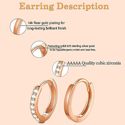 Cocadant 6 Pairs 925 Sterling Silver Small Hoop Earrings for Women,14k Real Gold Hypoallergenic Tiny Cubic Zirconia Cartilage Huggie Earring Sets for Multiple Piercing Trendy Jewelry 8/10/12mm - color: 6 Pairs Rose gold,8mm 10mm 12mm