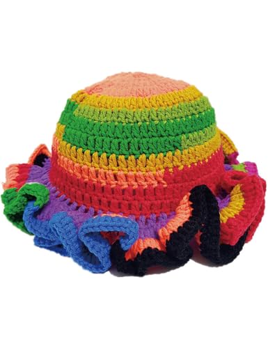 KORADI Womens Crochet Bucket Hat Ruffled Brim Knitted Hats Winter Boho Handmade Caps - color: Red&green
