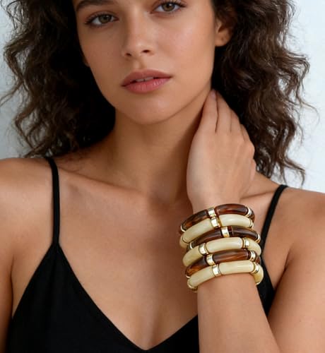iF YOU 6pcs Chunky Acrylic Bangle Bracelets for Women, Resin Bamboo Brown Stretchy Bracelet Stack, Fashion Jewelry for Women - color: 6pcs-beige & brown bracelets