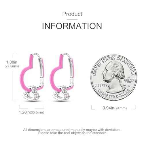 Parmuz 925 Sterling Silver Earrings Hoops for Women Ladies Simple Lightweight Twisted Medium Hoop Earrings With Cubic Zirconia Hypoallergenic Jewelry for Her - color: Pink double heart earring