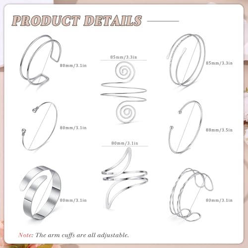 Arm Cuff Bracelet for Women Arm Layered Cuff Bangles Adjustable Coil Swirl Armlet ArmBand Stackable - style: 8 Sets Silver