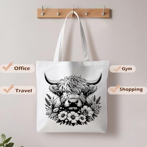 Preppy Animal Tote Bag, Pet Canvas Tote Bag, Reusable Grocery Shopping Shoulder Bags - color: Highland Cow