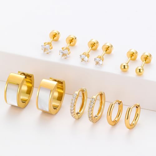 Silver Gold Plated Surgical Steel Flat Back Earrings for Women Hypoallergenic 14K Gold Plated Stud Huggie Earring Set Fashion Shell Cubic Zirconia Flatback Studs Cartilage Earrings Pack for Multiple Piercing 5/8Pairs - color: 6 Pairs Gold Plated Shell Hoo