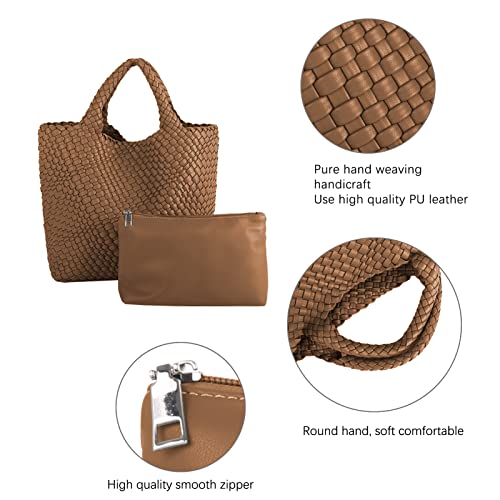 Hand Woven Bag Tote BagS For Women Top Handle Shoulder Vegan Leather Large Travel Beach Hobo Handbag - color: Brown-a
