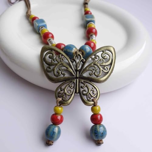 Boho Colorful Ceramic Bead Necklace for Women, Butterfly Pendant Necklace, Handmade Bohemian Statement Jewelry Gifts for Mom - color: Multi-S