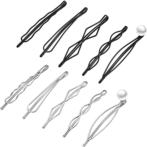 10 Pieces Geometric Metal Hair Clips and Barrettes for Women - Hair Styling Pins, Minimalist Decorative Wedding Accessories, Dainty Headwear (Silver, Black) - color: Silver, Black