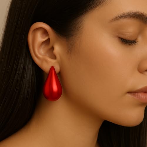 14K Gold Clip On Earrings Women,Teardrop Chunky Detachable Hoop Clip-On Earrings for Non Pierced Ears Hypoallergenic Lightweight Earring Clips - color: Red