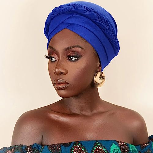 DRESHOW Turban Pre-Tied Twisted Hat Thread African Head Wraps for Black Women Chemo Cancer Cap Braid Hair Cover - color: 1 Pc Twisted Braid: Royal Blue