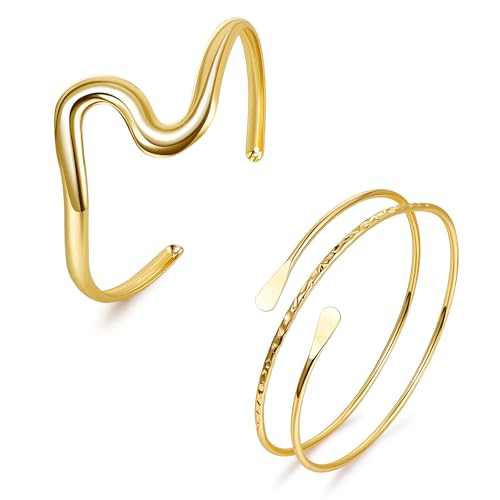 2Pcs Arm Cuff Gold Upper Arm Cuff for Women Adjustable Upper Arm Bracelets Open Irregular Arm Bangle Minimalist Coil Swirl Armlets Armband Jewelry - style: styleE gold