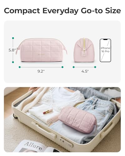 BAGSMART Makeup Bag Travel Toiletry Bag, Puffy Padded Make Up Bags for Women Makeup Organizer Case, Wide-open Pouch Purse Travel Essentials Toiletries Accessories Brushes, Pink - color: 01-Sakura Pink