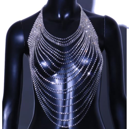 Wiwpar Full Rhinestone Body Chain Crystal Crossover Bra Body Chain Necklace Boho Multilay Costume Chest Chain Beach Sexy Bikini Nightclub Body Chain Party Rave Accessories for Women - color: Silver