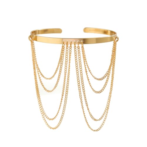 Xerling Chains Tassel Arm Bracelets Open Cuff Armband Armlet Boho Upper Arm Band Jewelry for Women - color: Gold