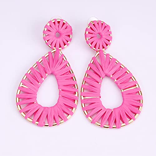 Raffia Teardrop Dangle Earrings Handmad Statement Drop Earrings - color: Hot Pink
