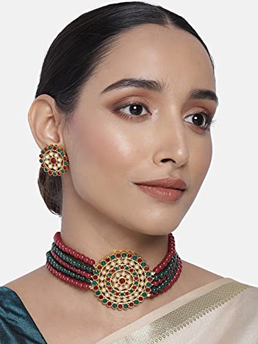 Aheli Pearl Diamond Choker Necklace & Round Earrings Gift for Women Indian Traditional Bollywood Fashion Bharatanatyam jewellery set - color: Green & Red