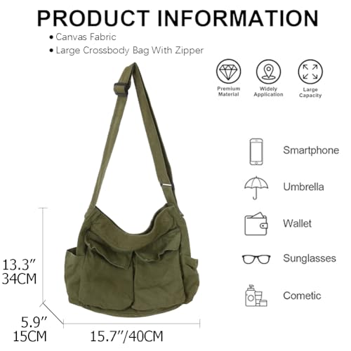 KlaOYer Canvas Messenger Bag Large Hobo Bag Crossbody Shoulder Bag Tote Bag with Pocket for Women and Men - color: Coffee 1