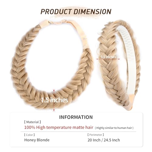 2PCs Braided Headband with teeth Handmade Messy Wide Synthetic Hair Elastic Stretch Fluffy Hairpiece for Brides (Honey Blonde) - color: Honey Blonde