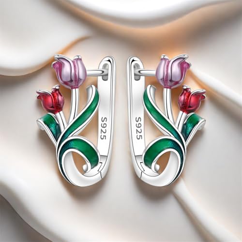 Earrings for Women 925 Sterling Silver Hoop Earring Colorful Cute Fashion Hoop Earrings Graduation Birthday Jewelry Gifts for Women - color: Tulips Earrings