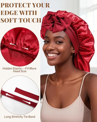 AWAYTR Long Satin Bonnet for Braids - Elastic Silk Hair Bonnets for Sleeping Night Cap Stretchy Tie Band for Women（Wine Red） - color: Wine Red