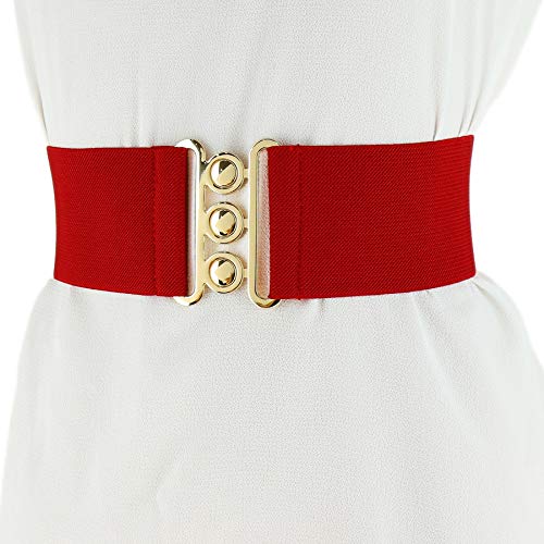 FASHIONGEN - Wide Waist Elasticated Woman Belt Made in France, GLORIA - color: Dark Red (Golden Buckle), size: XL / waist size 34 to 36
