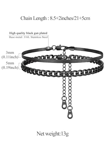 FindChic Black/Silver/Gold Plated Anklets Set of 2PCS/3PCS Herringbone Chain Cuban Link Heart Charm Sparkling Tennis Ankle Bracelets, Waterproof Summer Foot Jewelry for Beach - color: 03. Black-2PCS Cuban & Herringbone