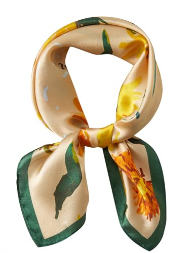 100% Mulberry Silk Neck Scarf 21''x21'' Small Square Hair Scarf for Women Men Lightweight Bandana Envelope Package - color: Floral- Yellow