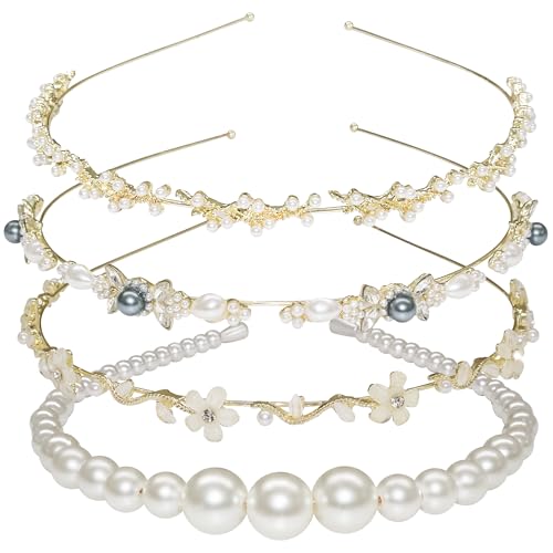 4 Pack Pearl Headbands for Women, Gold Metal Crystal Rhinestone Hair Bands, Elegant Thin Hair Hoops, Bridal Wedding Hair Accessories, Vintage Non-Slip Headpiece Gift Set - color: Type 16