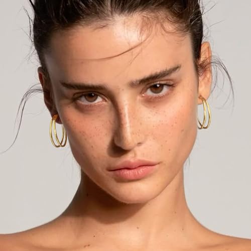 OOOPEL Large Thin Double Hoop Earrings for Women Lightweight Hypoallergenic 925 Sterling Silver Post 14K Gold Hoops Non Tarnish Sturdy Big Thin Double Layered Hoop Earrings 30/40/50/60mm - color: Gold, size: 30mm