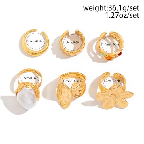 Gold Silver Chunky Ring Set for Women,Open Stacking Knuckle Statement Ring,Boho Flower Baroque Pearl Rings Set,Minimalist Aesthetic Rings Jewelry Gifts - color: Gold