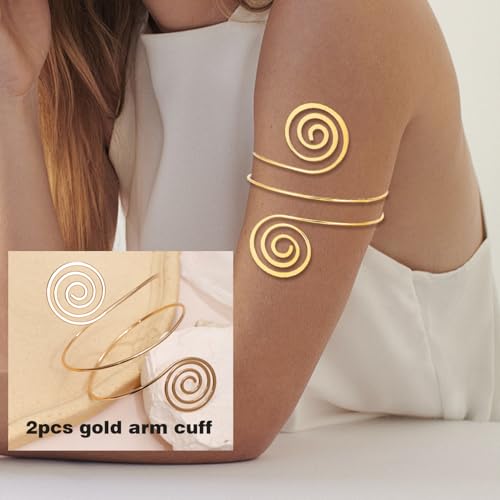 BOMAIL 2Pcs Gold Arm Cuff Bracelets Set for Women | Open Adjustable, large Upper Arm Bangles, Coil Swirl Armlet,Ren Faire Armband,Minimalist ,Goddess - style: C Style