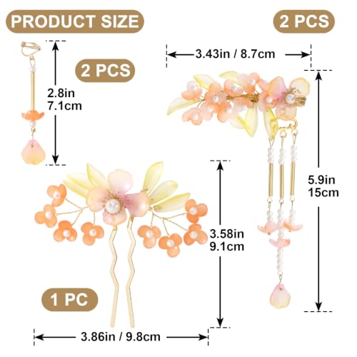 HINZIC 5pcs Pearl Flower Tassels Hairpin Set for Women, Red | Non-Slip, 2pcs Earrings Inclued, Alloy Made, Adorned with Rhinestones and Pearl, for Wedding, Brides, Parties, for Long Hair - color: Red