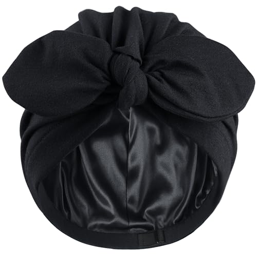 Ababalaya Satin Lined Beanies for Women Chemo Headwear Silky Lined Cotton Sleeping Cap - color: Solid Black