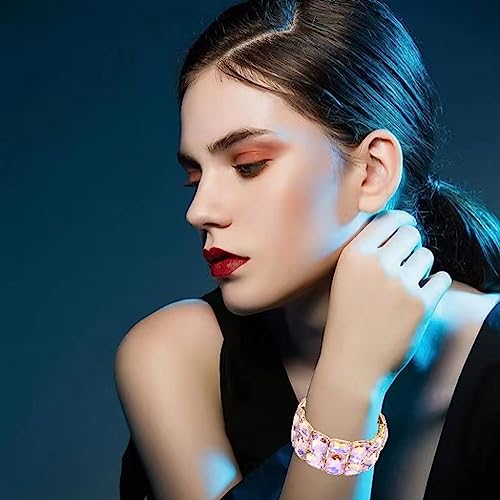 Women’s Wedding Bridal Crystal Leaf Flower Stretch Bangle Elastic Wide Bracelet Jewelry for Brides Bridesmaid - color: Style2-Violet-Gold Plated