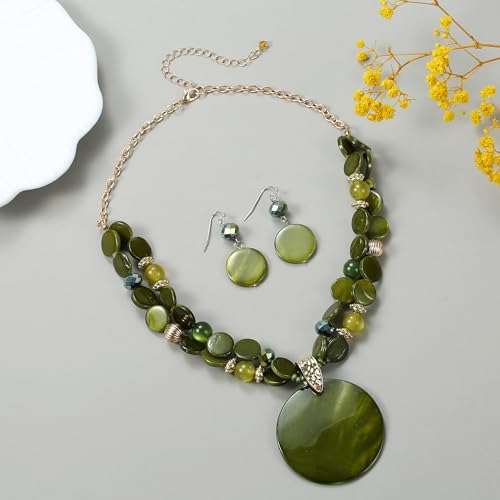 Layered Beads Statement Fashion Necklace Chunky Jewelry Set Big Colorful Glass Stone Circle Shell Pendant Choker Necklace and Earring Set for Women - color: Olive Green