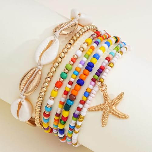 Vivian&CD Boho Shell Anklets Bracelet for Women Waterproof, Gold Layered Seashell Starfish Puka Shell Anklet, Adjustable Colorful Beaded Stack Stretch Bead Bracelet Set, Fashion Beach Foot Jewelry for Hawaii Summer Vacation - style: Starfish2