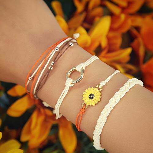 FANCY SHINY Easter Gifts Basket Stuffers Sunflower String Bracelet Boho Braided Rope Wrap Bracelets Cute Summer Beach Surfer Jewelry for Women - color: Beige