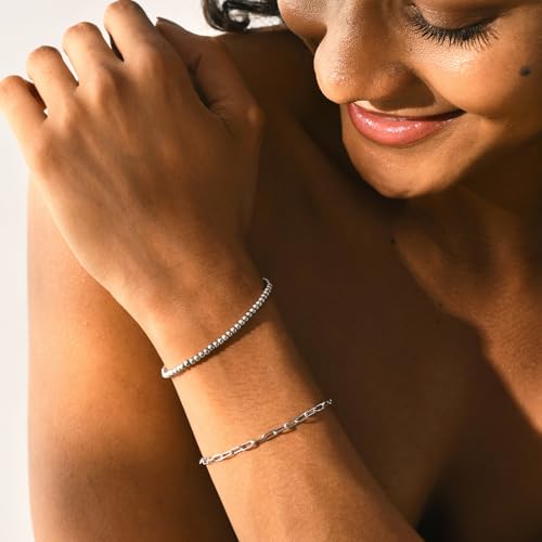 NOKMIT Solid 925 Sterling Silver Bracelets for Women, Dainty Interlocking Circles Cubic Zirconia Adjustable Chain Bracelet, Trendy Stackable Link Bracelets, Simple Cute Jewelry Gifts - color: Silver Paperclip Chain