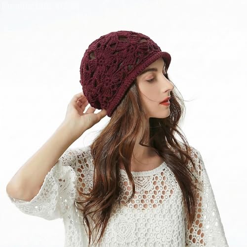 ZLYC Women Cotton Crochet Slouchy Beanie Hat Handmade Knit Summer Skull Cap - color: Crochet Burgundy