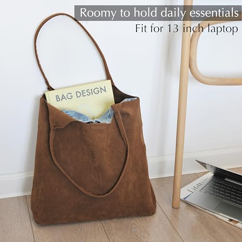 Soft Faux Suede Tote Bag for Women - Magnetic Closure Hobo Handbag, Casual Vegan Leather Purse - color: Brown