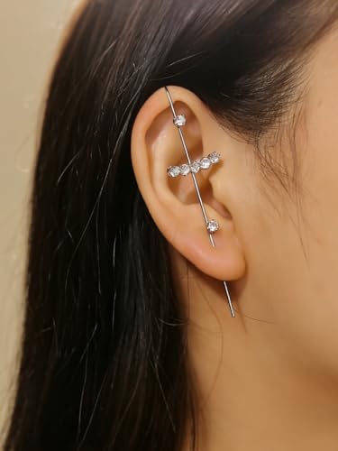 Ear Wrap Hook Earrings for Women Fashion Ear Cuff Crawler Earrings Silver Gold Long Piercing Crystal Curve Style Earring Stick Ear Wrap Earring Rhinestone Trendy Jewelry Gifts - color: curve-silver