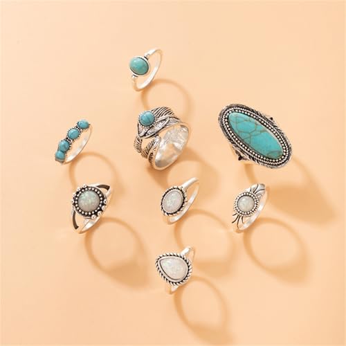 Bohemian Turquoise Ring Set for Women,Vintage Gem Turquoise Opal Joint Knuckle Stackable Rings Chunky Boho Midi Ring Pack Punk Western Ring Mixed Size - style: Style C