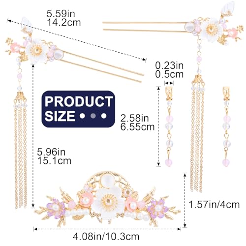 HINZIC 5pcs Flower Tassels Hairpin for Women, Non-Slip Rhinestone Pearl Clover Hair Clips Headpiece, Retro Chinese Hanfu Wedding Brides Hair Accessories for Long Hair - color: Gold