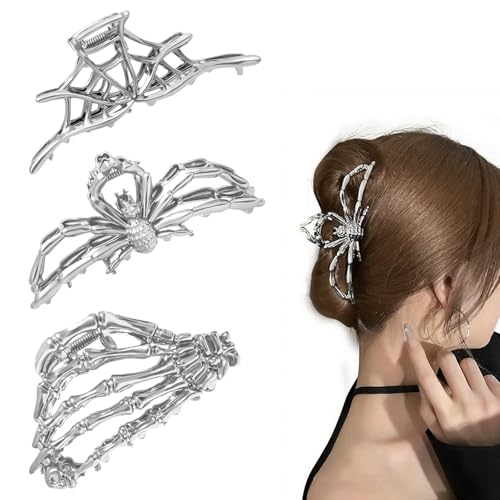 3Pack Halloween Hair Claw Clips Metal Black Spider Web hair clips Skeleton Hand Skull Hair Clips for Women And Girls,Goth Accessories for Thick Hair, Halloween Christmas Gift (Silver 3Pcs) - color: Silver 3Pcs