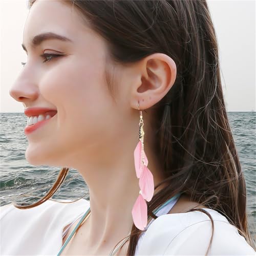 coadipress Boho Piercing Tassel Feather Long Chain Earrings Retro Lightweight Native Feather Dangle Drop Earrings for Women Bohemian Handmade Natural Feathers Earring Jewelry - color: Pink