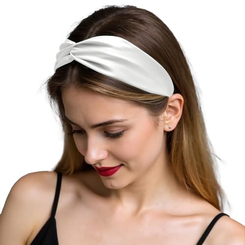 ZLYC Mulberry Silk Headband Elastic Twist Knotted Head Bands for Women's Hair, Solid White - color: Solid White