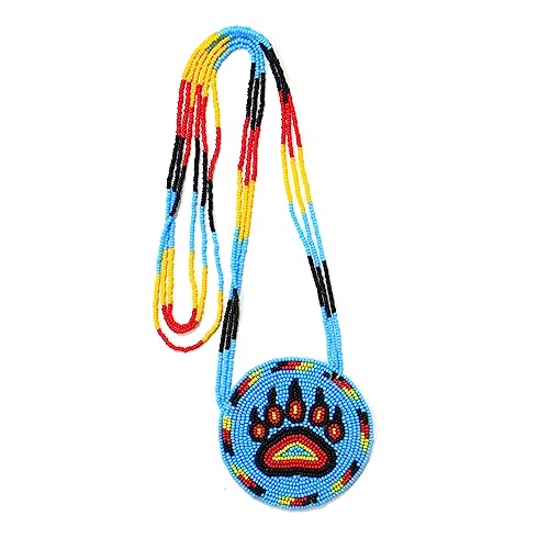 Handmade Native American Style Tribal ethnic Seed Bead Beaded Layered Medallion Necklace #1 - color: Bear Paw Skyblue