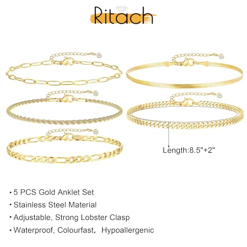 Ritach Ankle Bracelets for Women - Silver/Gold Plated Stainless Steel Anklets for Women Waterproof Layered Cuban Link Figaro Chain Heart Anklets Set Summer Beach Jewelry Gifts - color: Gold-Snake & Paperclip & Figaro & Twist & Cuban Chain