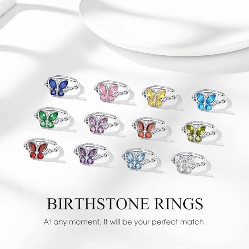 Bestyle 925 Sterling Silver Butterfly Ring Hypoallergnic Adjustable Birthstone Rings for Women Butterfly Jewelry Gifts for Anniversary Mothers' Day Birthday - color: 09.September (Sapphire)-TOP