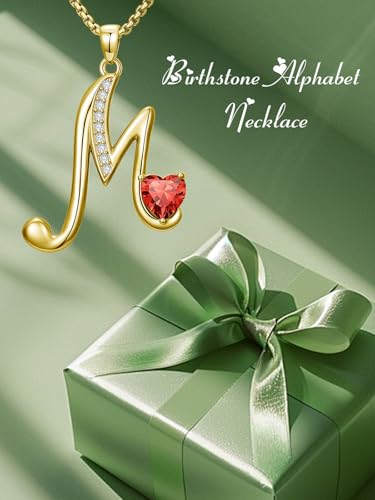 Birthday Gifts for Women 18k Gold Initial Necklaces for Women Simple Alphabets Letters with Birthstone Pendants Name Jewelry Anniversary Wedding Gifts for Sister Daughter Her (with Gift Box) - color: 07-Jul-Ruby, style: Letter M