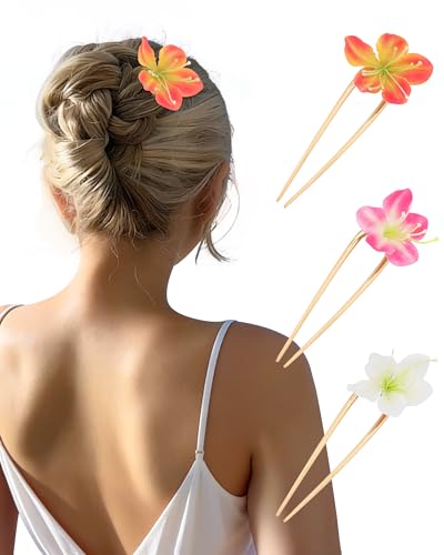 WELROG 3 Pack Hawaiian Orchid Flower Hair Pins,Metal Hair Sticks for Beach Vacation,Non-Slip Fork for Thick Hair Updo - color: White+Pink+Orange