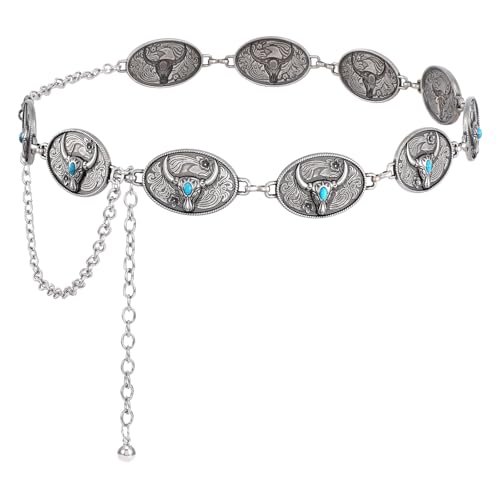 XZQTIVE Women Boho Chain Belts For Dresses Jeans Western Cowgirl Waist Links Belt Adjustable Metal Concho Belt - size: Fit Waist upto 46inches, style: Bull Turquoise Silver